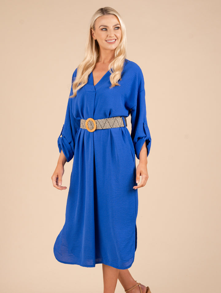 Long Sleeve Dress With Belt - Royal