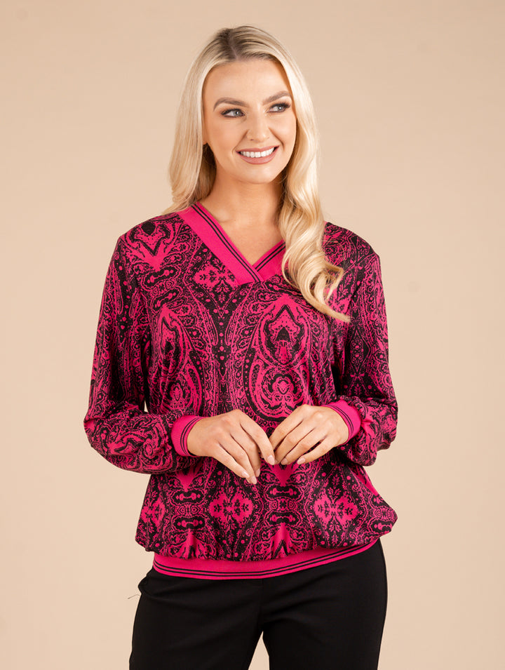 V Neck Top - Cerise/Black