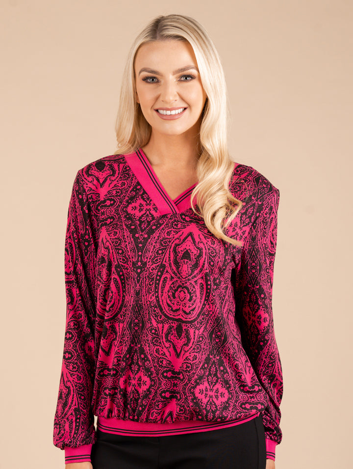 V Neck Top - Cerise/Black