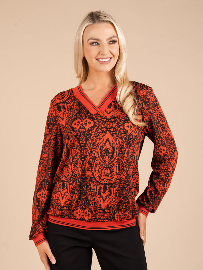 V Neck Top - Orange/Black