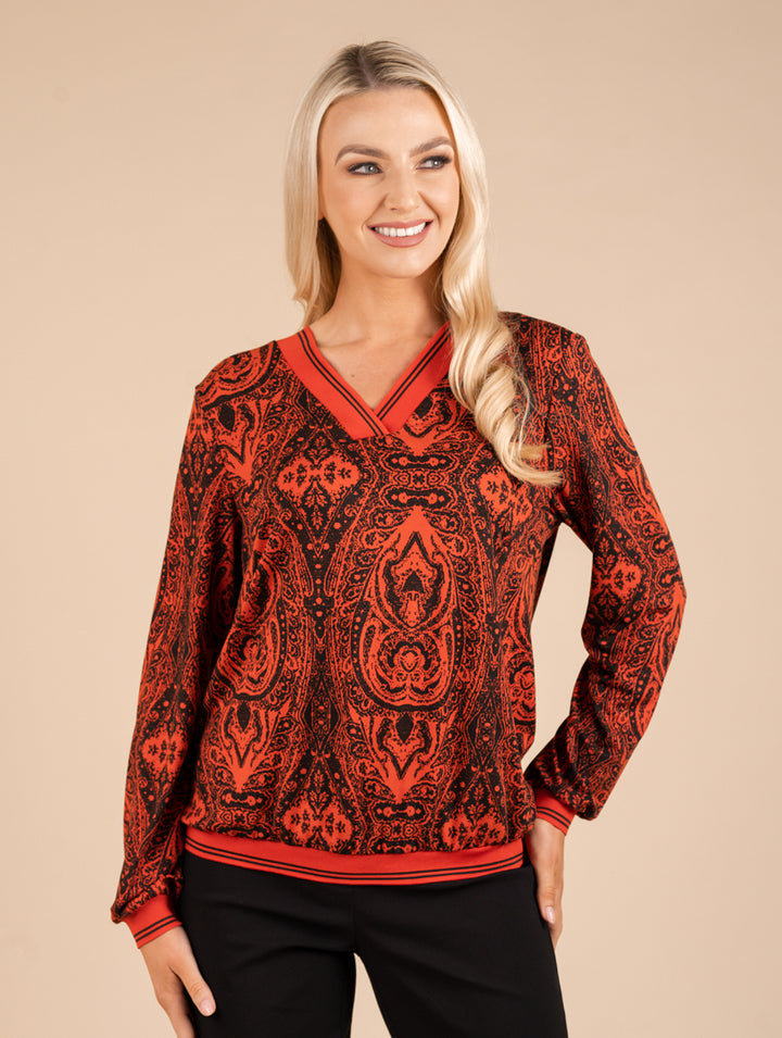 V Neck Top - Orange/Black