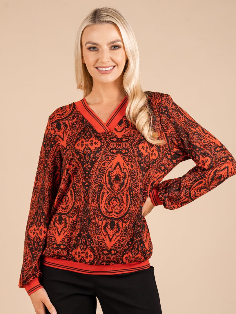 V Neck Top - Orange/Black