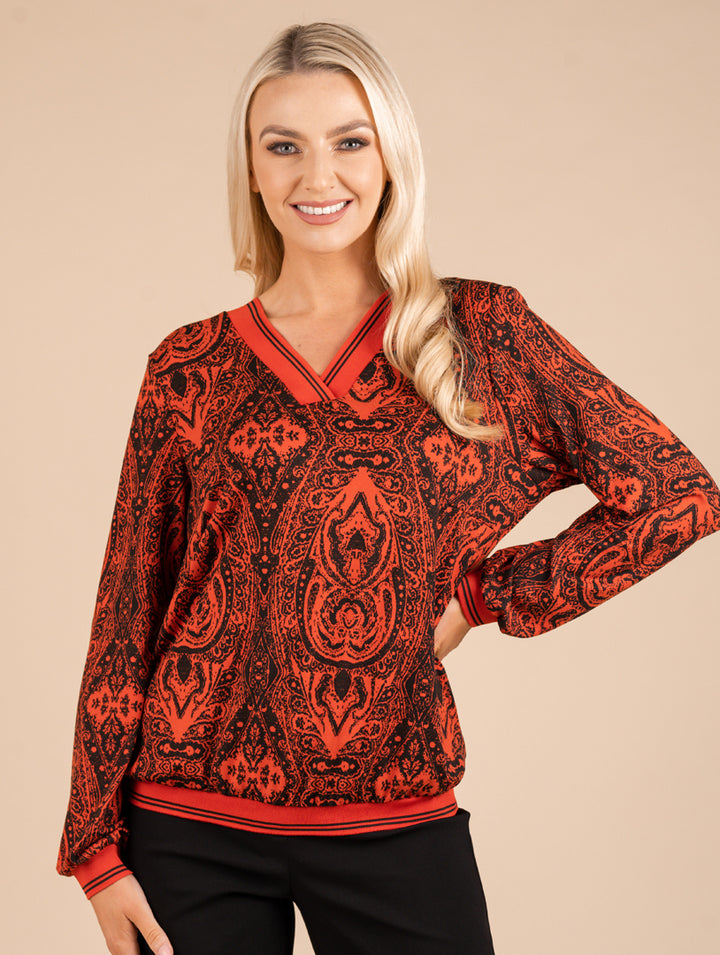 V Neck Top - Orange/Black